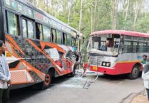 ನಿಡ್ಲೆ: ಸರಕಾರಿ ಬಸ್ ಹಾಗೂ ಖಾಸಗಿ ಬಸ್ ಮುಖಾಮುಖಿ ಡಿಕ್ಕಿ